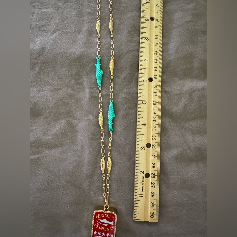 Betsey Johnson Betsey’s Sardines red can Jewels Rhinestone Fish Pendant Necklace - Picture 4 of 6